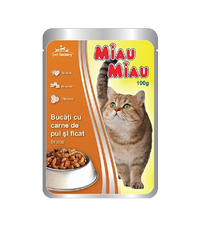 Hrana pentru pisici Miau Miau cu carne de pui si ficat 100g